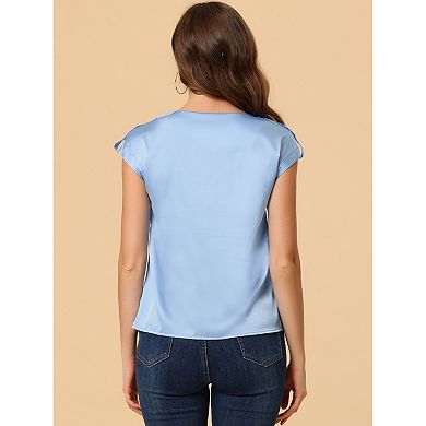 Women's Cap Sleeve Silky Blouse Round Neck Pleated Casual Elegant Top