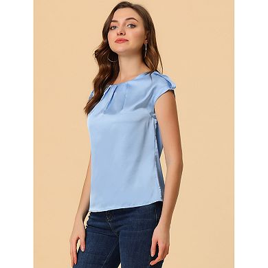 Women's Cap Sleeve Silky Blouse Round Neck Pleated Casual Elegant Top