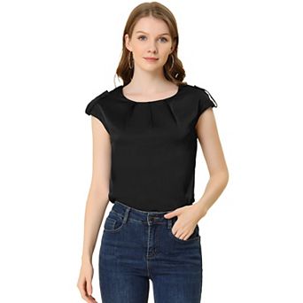 Women's Cap Sleeve Silky Blouse Round Neck Pleated Casual Elegant Top