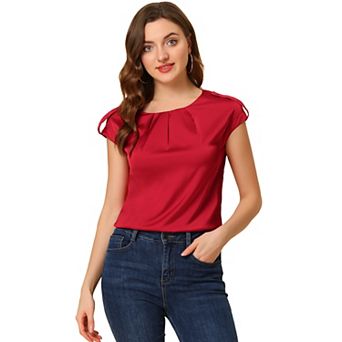 Women's Cap Sleeve Silky Blouse Round Neck Pleated Casual Elegant Top
