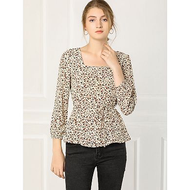 Women's Floral Square Neck Long Sleeves Tie Waist Blouse