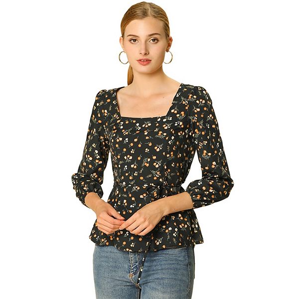 Women's Floral Square Neck Long Sleeves Tie Waist Blouse
