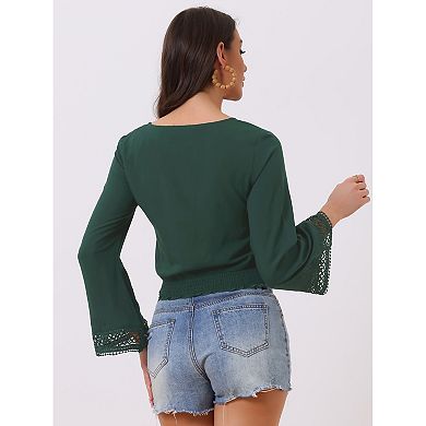 Women's Embroidery Lace Peasant Tie Neck Bell Sleeve Smocked Hem Cropped Top
