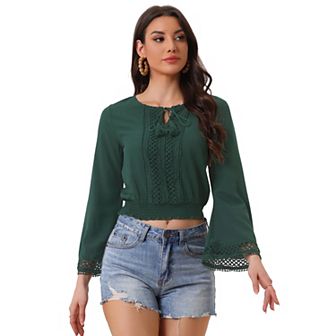 Women's Embroidery Lace Peasant Tie Neck Bell Sleeve Smocked Hem Cropped Top
