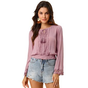 Women's Embroidery Lace Peasant Tie Neck Bell Sleeve Smocked Hem Cropped Top