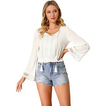 Women's Embroidery Lace Peasant Tie Neck Bell Sleeve Smocked Hem Cropped Top