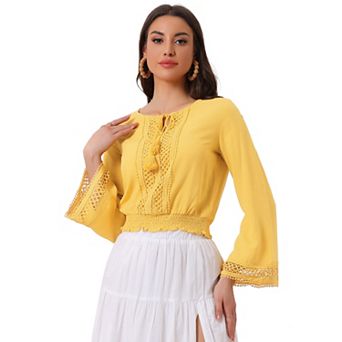 Women's Embroidery Lace Peasant Tie Neck Bell Sleeve Smocked Hem Cropped Top