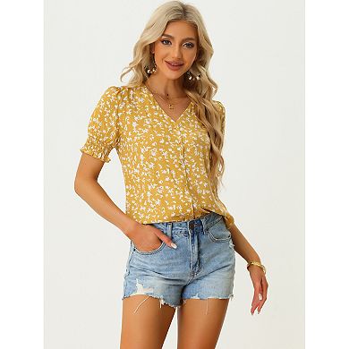 Women's Ruffle Short Sleeve Floral Print Button Front Closure Tops