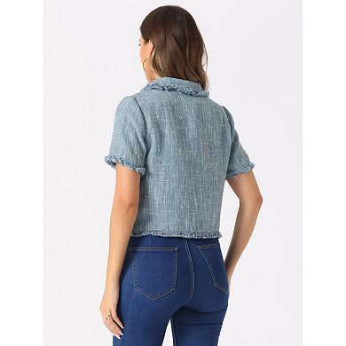 Women's Tweed Shirt With Tassel Cropped Length Spring Short Sleeve Shirt