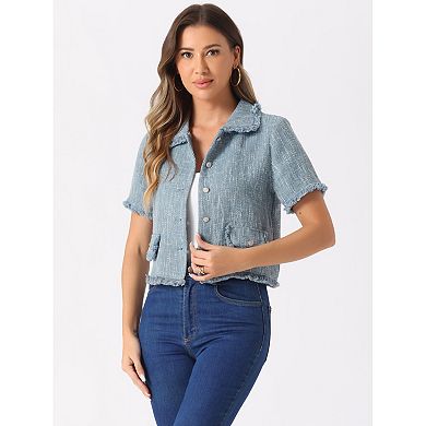 Women's Tweed Shirt With Tassel Cropped Length Spring Short Sleeve Shirt