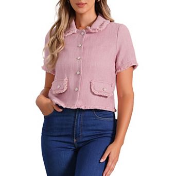 Women's Tweed Shirt With Tassel Cropped Length Spring Short Sleeve Shirt