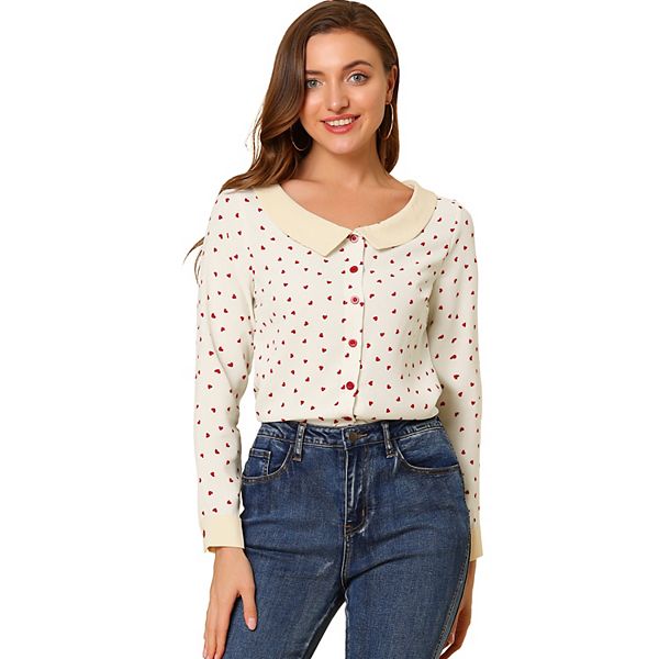 Women's Heart Print Contrast Collar Button Front Long Sleeve Shirt