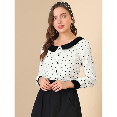 Women's Heart Print Contrast Collar Button Front Long Sleeve Shirt