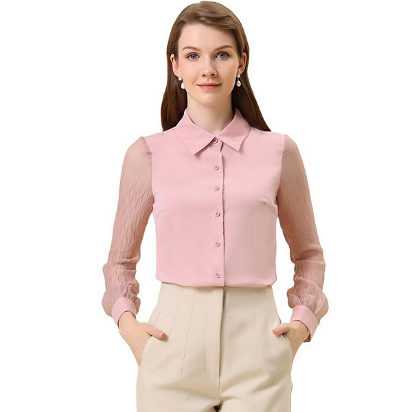 Women's Chiffon Textured Sheer Sleeve Button Down Work Shirt