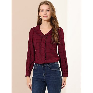 Women's Cute Collar Plaid Blouse Long Sleeve Button-down Shirts