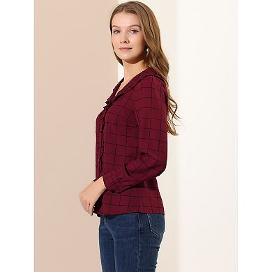 Women's Cute Collar Plaid Blouse Long Sleeve Button-down Shirts