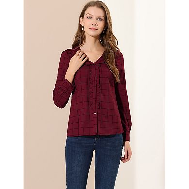 Women's Cute Collar Plaid Blouse Long Sleeve Button-down Shirts