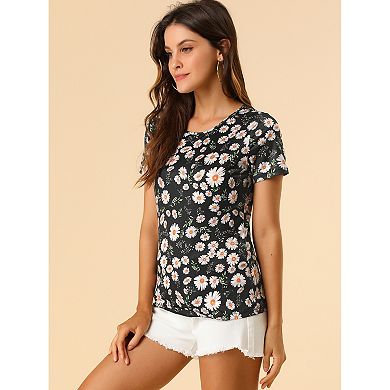 Women's Floral Print Crew Neck Blouse Short Sleeve Top