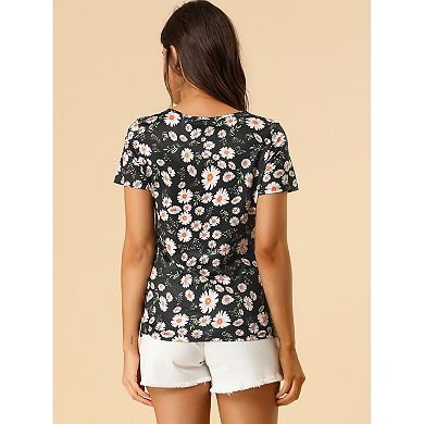 Women's Floral Print Crew Neck Blouse Short Sleeve Top