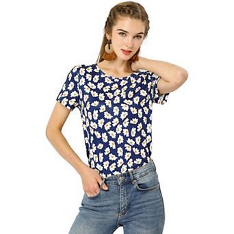 Women's Floral Print Crew Neck Blouse Short Sleeve Top