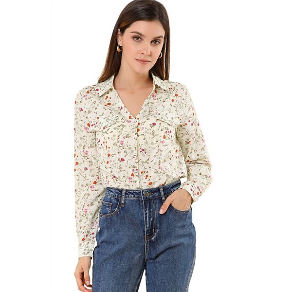 Women's Pleated V-Neck Long Sleeve Floral Faux Pocket Shirt