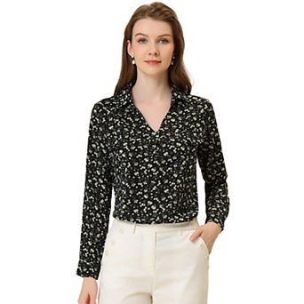 Women's Pleated V-Neck Long Sleeve Floral Faux Pocket Shirt