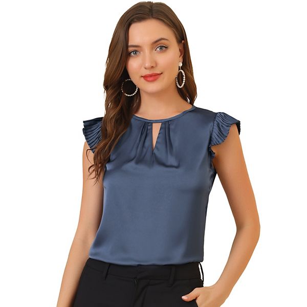 Women's Cut Out Keyhole Back Straight Solid Pleated Cap Sleeve Blouse