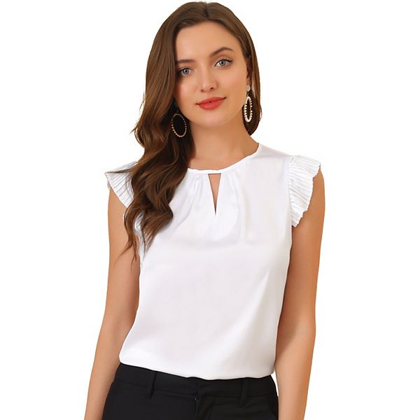 Women's Cut Out Keyhole Back Straight Solid Pleated Cap Sleeve Blouse