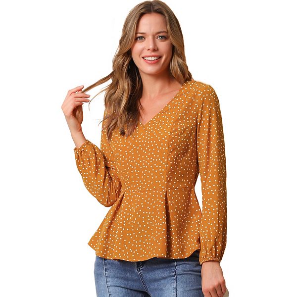 Women's Retro V Neck Dots Long Sleeve Work Peplum Blouse Top