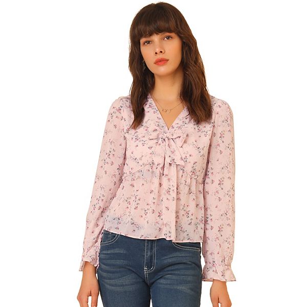 Women's Ruffle V Neck Blouse Floral Long Sleeve Tie Front Chiffon ...