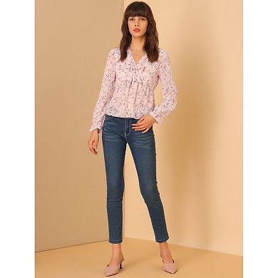 Floral Print Frilled Color Block Trim V Neck Long Sleeve Peplum Top