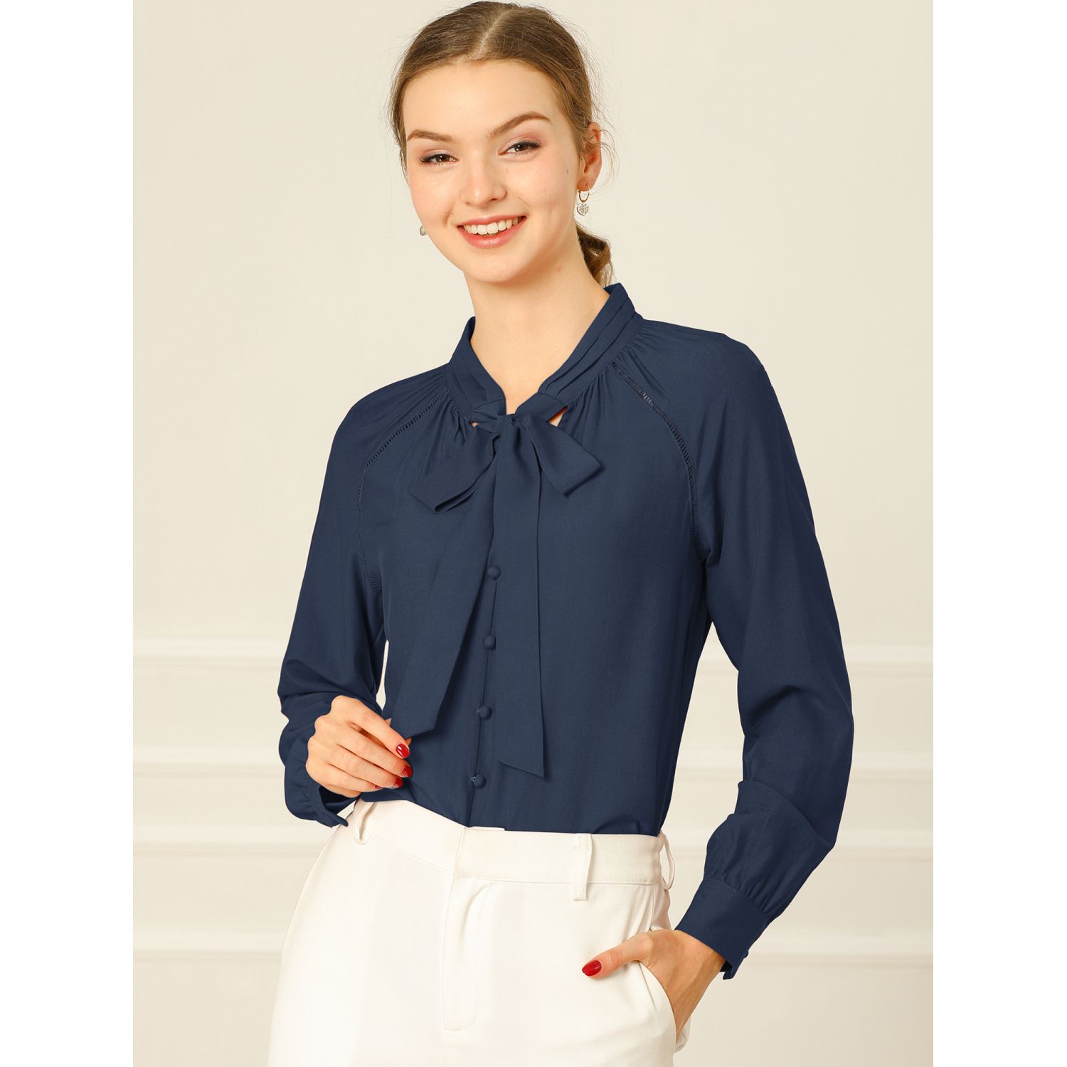 GORGLITTER Women's Bow Tie Long Sleeve Top - Square Neck Fitted Blouse