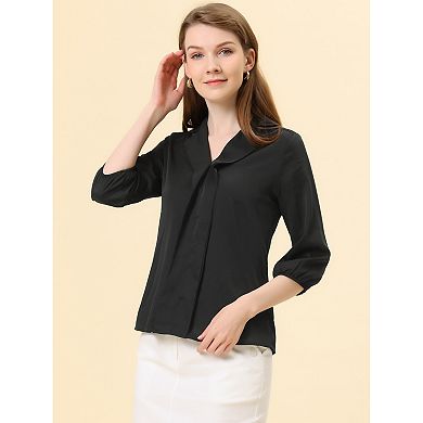 Women's V Neck Collared 3/4 Sleeves Work Office Tops Blouse
