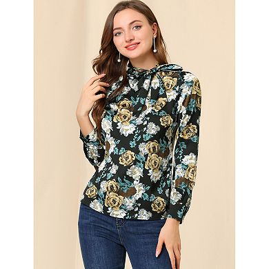 Women's Casual Floral Puffy Long Sleeve Side Bow Tie Neck Tops