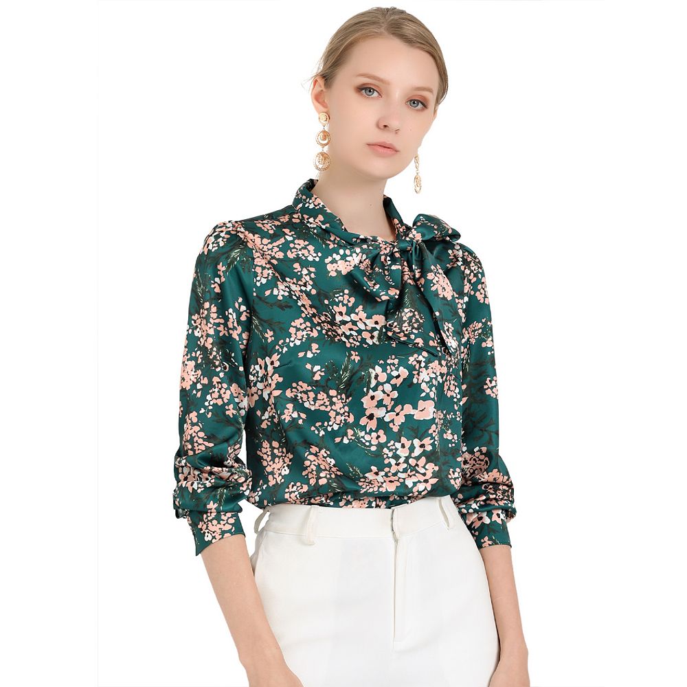 Women's Bow Print Long Sleeve Top, Ruffle Detail
