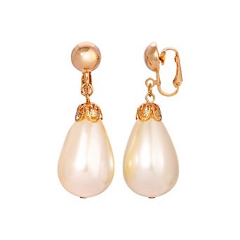 1928 Gold Tone Pear-Shaped Faux Pearl Clip-On Earrings