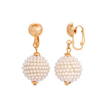1928 Gold Tone Faux Pearl Round Clip-On Earrings