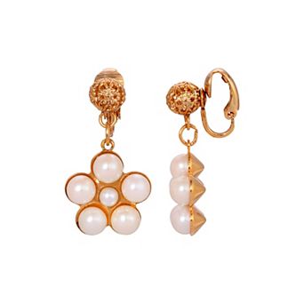 1928 Gold Tone Filigree Faux Pearl Flower Clip-On Earrings