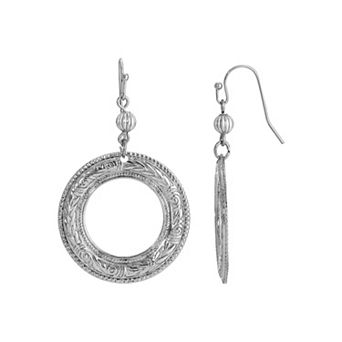 1928 Silver Tone Round Hoop Earrings