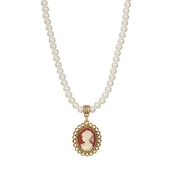 1928 Gold Tone Pearl And Carnelian Cameo Oval Drop Necklace