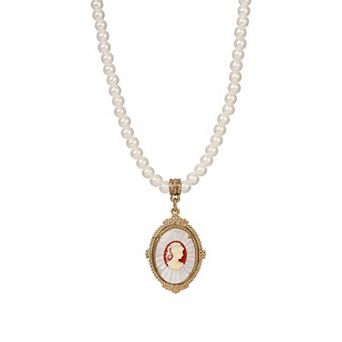 1928 Gold Tone Faux Pearl Frosted Oval Cameo Pendant Necklace