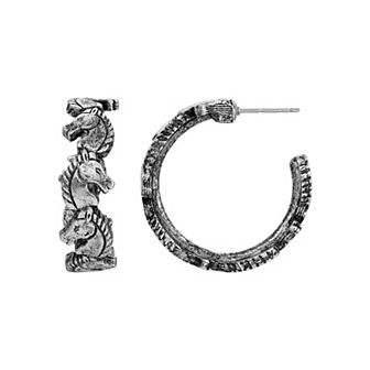 1928 Silver Tone Horse Head Hoop Earrings