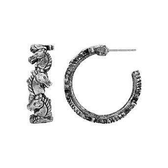 1928 Silver Tone Horse Head Hoop Earrings