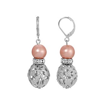 1928 Silver Tone Filigree Faux Pearl Drop Earrings