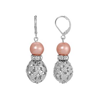 1928 Silver Tone Filigree Faux Pearl Drop Earrings