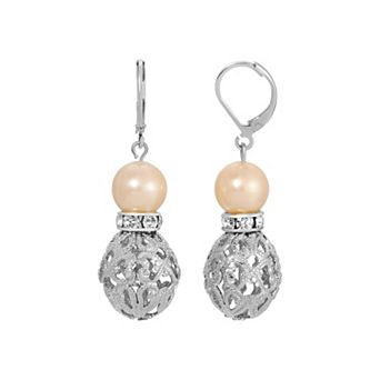1928 Silver Tone Filigree Faux Pearl Drop Earrings