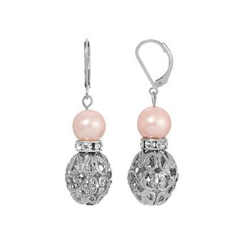 1928 Silver Tone Filigree Faux Pearl Drop Earrings