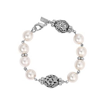 1928 Silver Tone Filigree Faux Pearl Bracelet