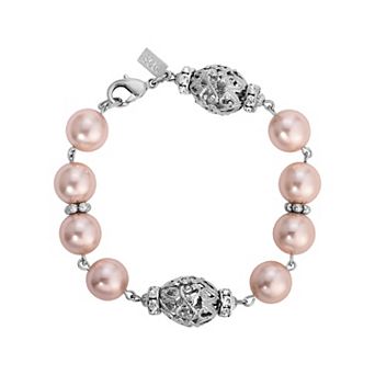 1928 Silver Tone Filigree Faux Pearl Bracelet