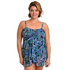 A Shore Fit Plus Women's Purple Rain Mesh V Neck Handkerchief Tankini Top 